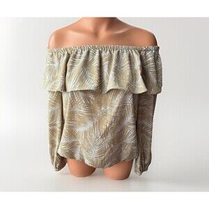Michael Kors Palm Print Off The Shoulder Blouse Size S Tan